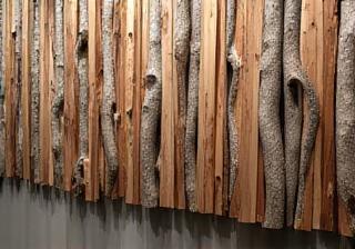 Œuvre artistique sur mur en bois dans une galerie